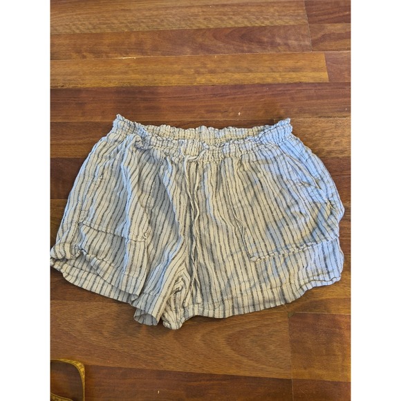 Large Striped Linen Cream And Gray Elastic Shorts - Picture 1 of 7
